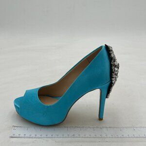 FSJ Blue Stain Elegant Peep Toe Platform Stiletto Heel Slip On Pump Crystal Shoe